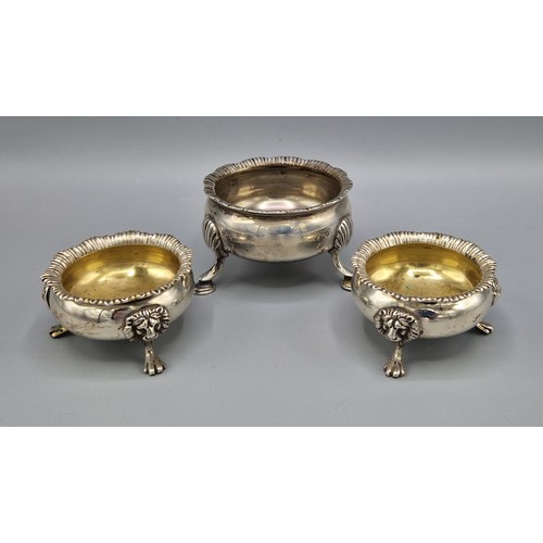 120 - A Pair of Edwardian Silver Salts with lion head and paw supports, London 1908 makers C S Harris & So... 