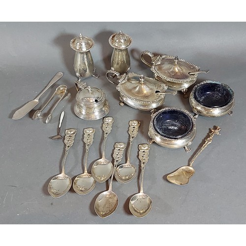 127 - A collection of seven silver condiments, a set of six 800 mark silver teaspoons and four other small... 