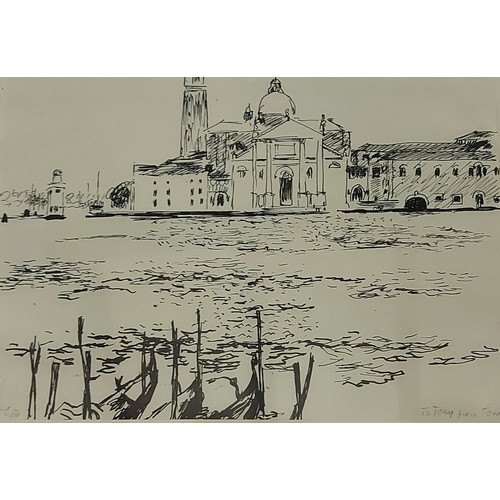 66 - Anthony Caro, Venetian scene, pen and ink, signed with monogram and presentation inscription, 24cms ... 