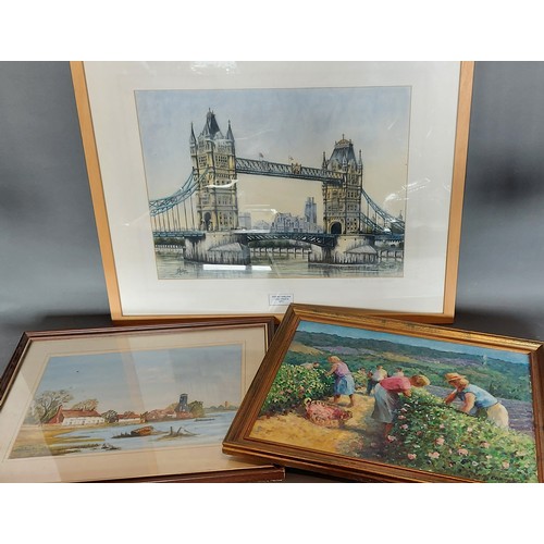 68 - George Fanshawe, Tower Bridge and The City From Butlers Wharf, lithograph hand coloured in pastel, 3... 