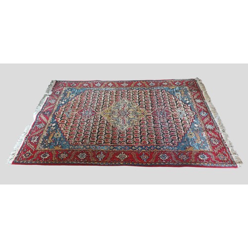 336 - A North West Persian Woollen Rug,  with central gul upon a red and blue ground within multiple board... 