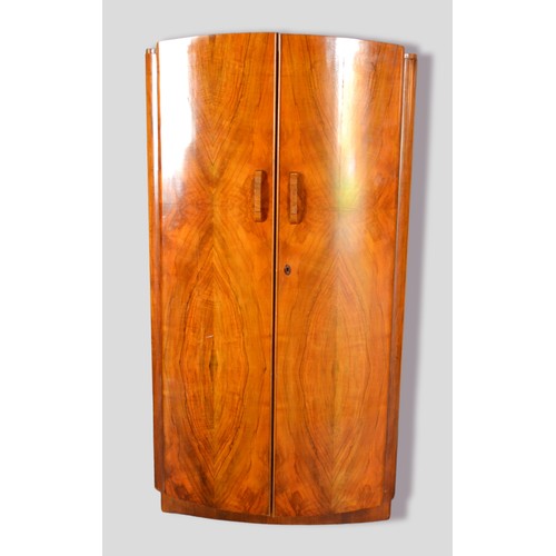 387 - An Art Deco Walnut Bow Fronted Double Wardrobe, together with a matching smaller wardrobe with fitte... 