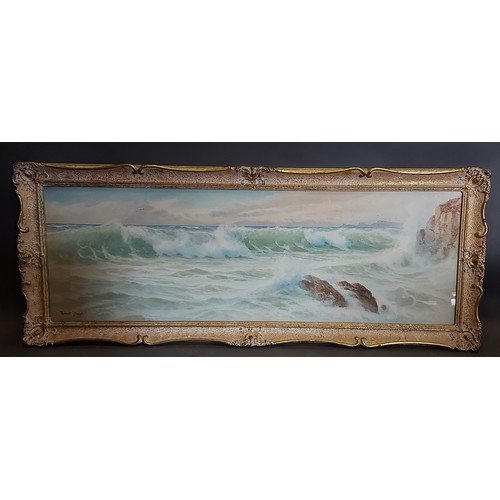 71 - Ernest Stuart a rough sea with seagulls, watercolour signed, 29cms x 87cms