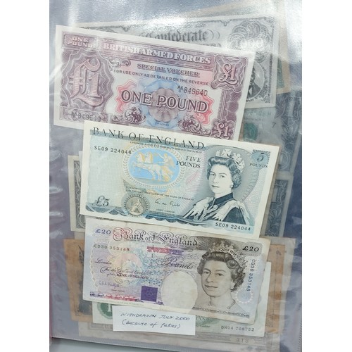 282 - A collection of bank notes both British and foreign to include  a twenty pound note, five pound note... 