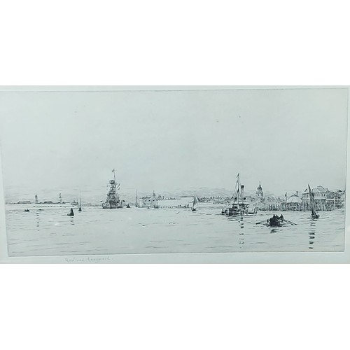 69 - Rowland Langmaid, H.M.S. Dreadnought leaving Portsmouth harbour, etching signed in pencil, 19cms x 3... 