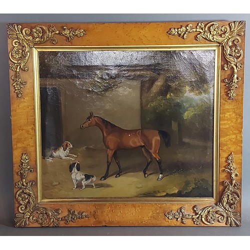 70 - 19th Century English school, study of a horse with dogs before buildings, oil on canvas, 29cms x 34c... 