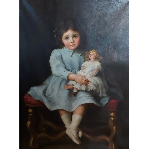 71 - Beatrice Bright, portrait of a girl with doll, oil on canvas, signed, titled verso 'Pinx' and dated ... 