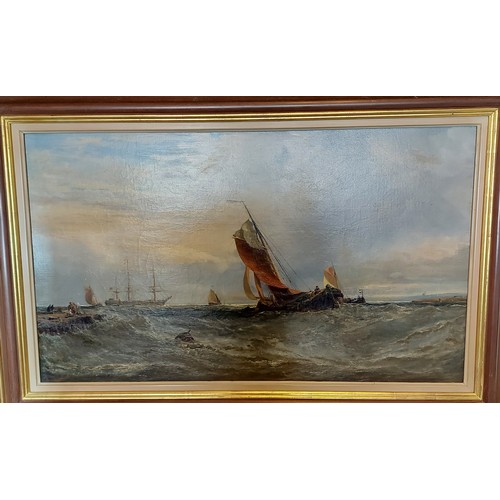 72 - Claude Hayes, fishing barges in a rough sea off a coast with figures in the foreground, oil on canva... 