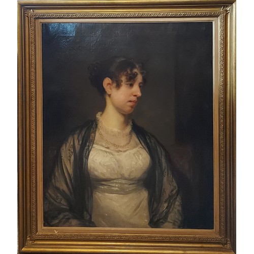 73 - 19th Century English school, half length portrait of a girl in period dress wearing a pearl necklace... 