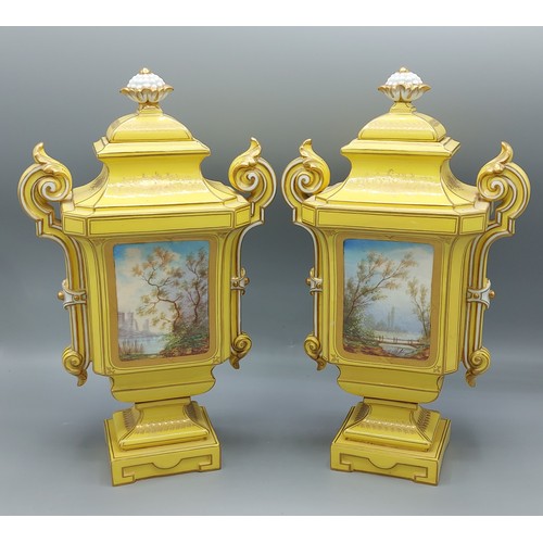 11 - A pair of Sevres porcelain covered two handled vases, each decorated with a reserve upon a yellow gr... 