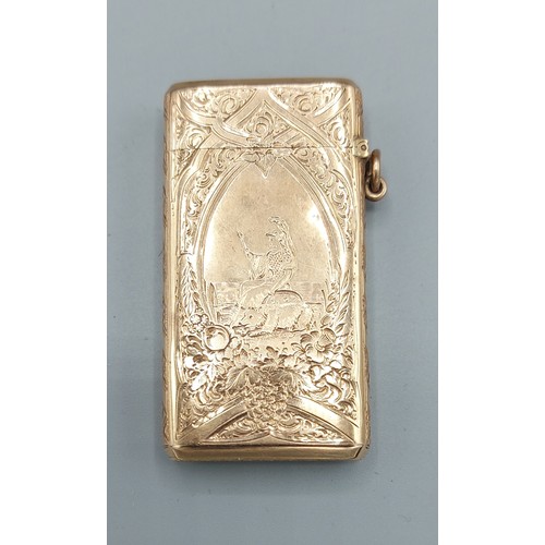 156 - A 19th Century gold plated vesta case with gold inset stone panel, the reverse engraved with Britann... 