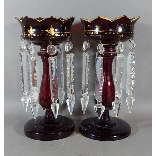 20 - A pair of glass lustres with facet cut glass spears, 29cms tall