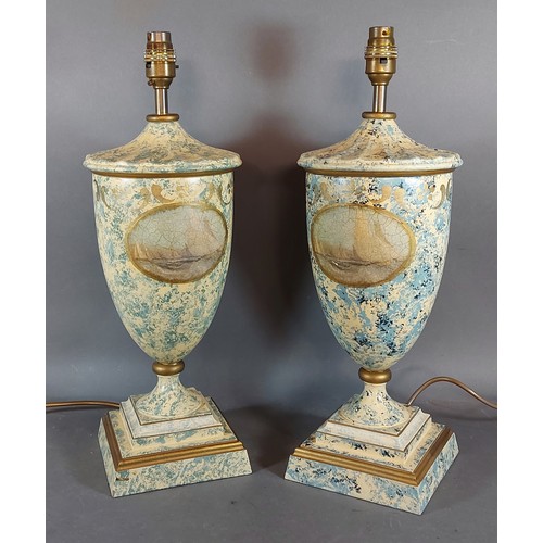 299 - A pair of table lamps in the Regency style of oviform, each decorated with a reserve upon a mottled ... 