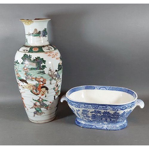 27 - A Chinese vase decorated warriors within a landscape, 43cms tall together with a Copeland tureen