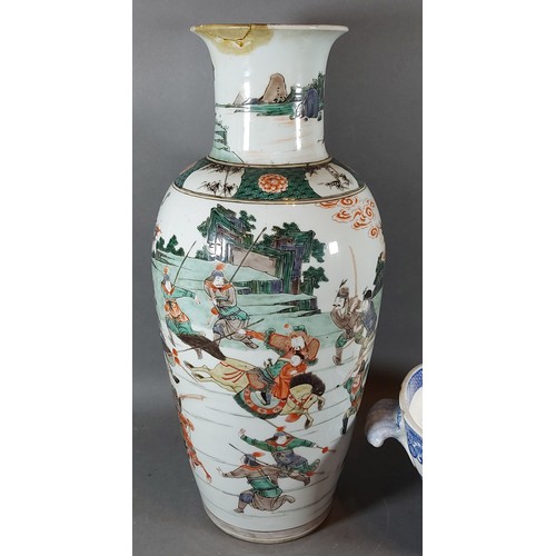 27 - A Chinese vase decorated warriors within a landscape, 43cms tall together with a Copeland tureen