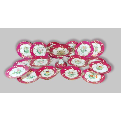 33 - A T Pearce & Son dessert service, decorated with flowers within a pink boarder and highlighted in gi... 