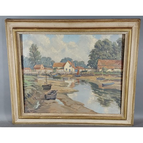 88 - Alexander Charles Winter, estuary scene with boats before buildings, 39cms x 49cms