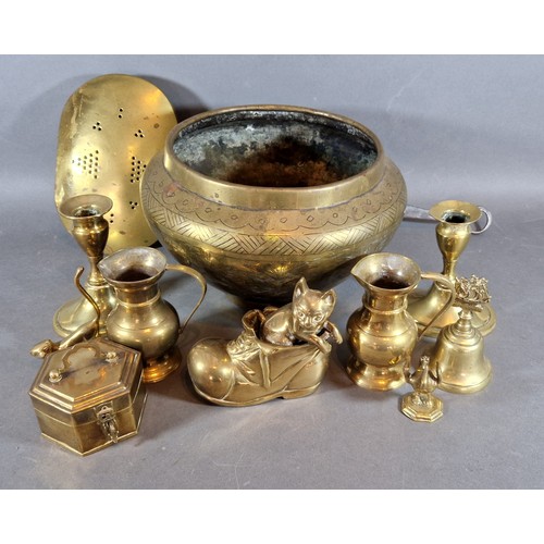 337 - A brass bowl together with a collection of other brassware