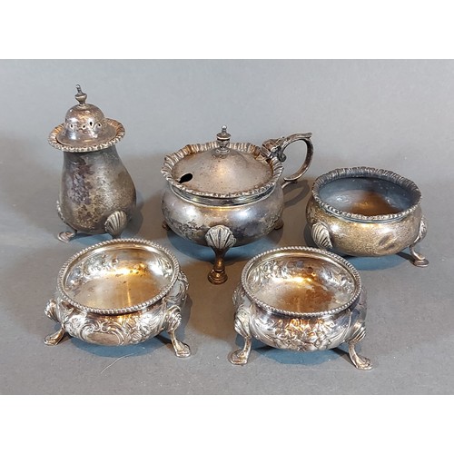 127 - A pair of Victorian London silver salts together with a Chester silver three piece condiment set, 11... 