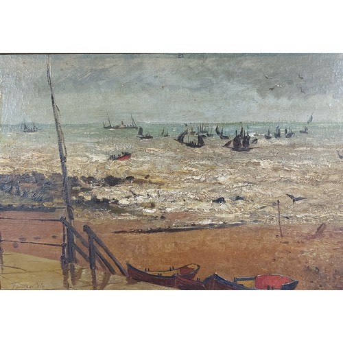 40 - Tennyson Cole, coastal scene with boats, oil on canvas, signed, 29cms x 44cms