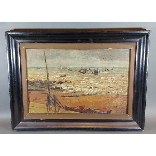 40 - Tennyson Cole, coastal scene with boats, oil on canvas, signed, 29cms x 44cms