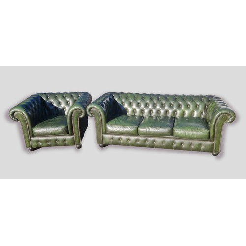 356 - A Chesterfield green buttoned leather upholstered sofa together with a matching chair