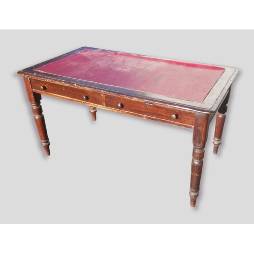 359 - A 19th Century library table with two frieze drawers raised upon turned tapering legs, 137cms wide, ... 