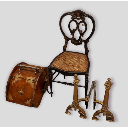 251 - A pair of brass andirons together with a Victorian ebonised chair and a coal pudonium