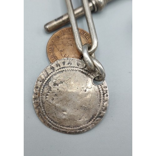 135 - A silver Albert watch chain with early English silver coin pendant