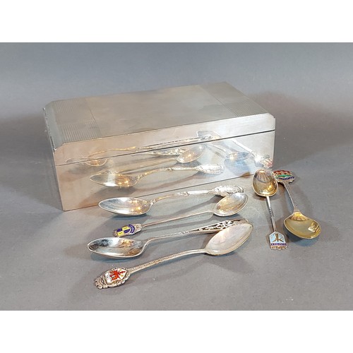 146 - A Sheffield silver cigarette box together with six silver commemorative spoons