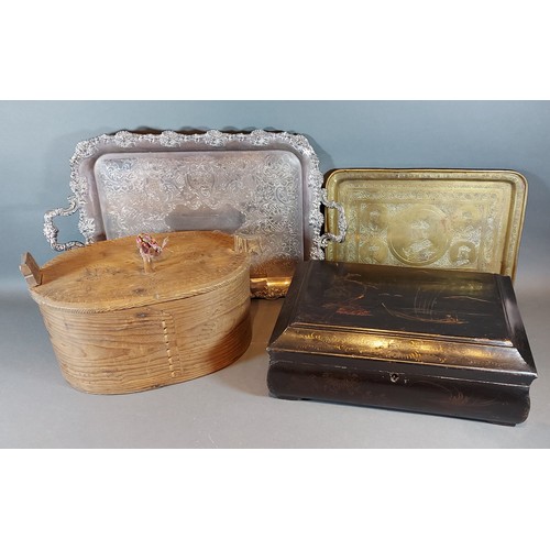 263 - A Japanese lacquered work box, together with an oval wooden box and two metal trays