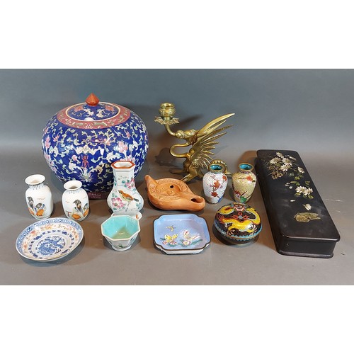 287 - A Chinese cloisonné covered box decorated with a dragon together with a collection of other oriental... 