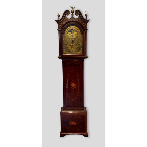 327 - A 19th century mahogany long case clock, the arched hood with swan neck pediment and eagle finials a... 