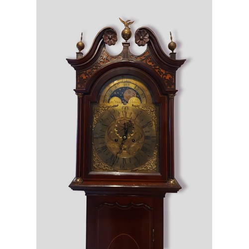 327 - A 19th century mahogany long case clock, the arched hood with swan neck pediment and eagle finials a... 