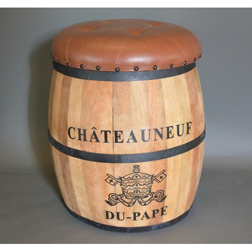 315 - A Barrel form stool inscribed Chateauneuf Du Pape, with buttoned seat, 52cms tall