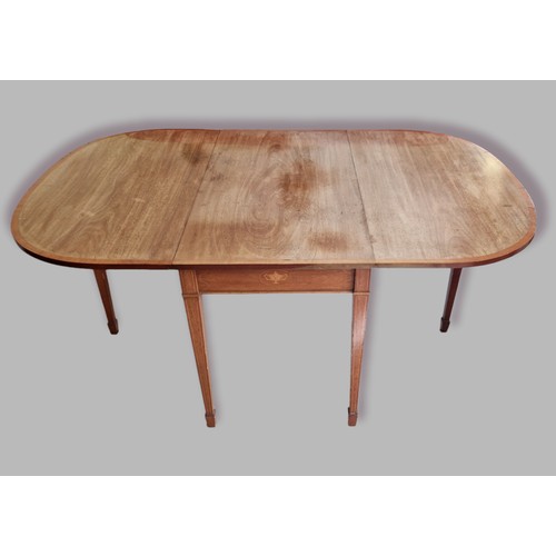 384 - An Edwardian mahogany marquetry and satinwood banded drop flap dining table with square tapering leg... 