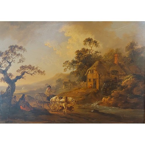 66 - Attributed to Peter Le Cave, figures within a rural landscape, oil on board, 21cms by 30cms