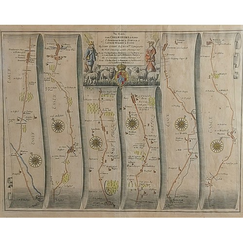 67 - John Ogilby, The Roads From Chelmsford, coloured map, 35cms by 45cms