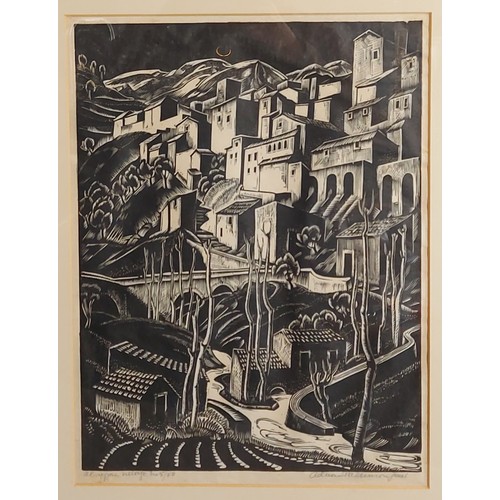 69 - Adrian P Allinson, Hillside Village, black and white woodcut, signed in pencil, 42cms by 32cms