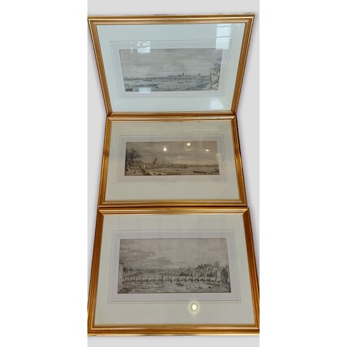 73 - A set of three black and white prints, Views of London and the Thames, 21cms by 48cms