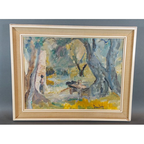 78 - Ronald Ossory Dunlop, a wooded landscape with figure and cart on a track, oil on canvas, signed, 29c... 