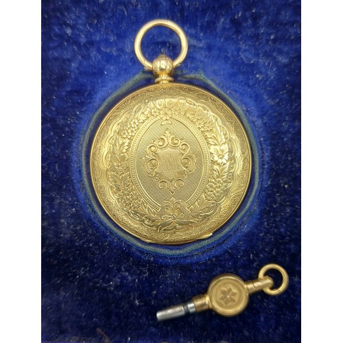 140 - An 18ct gold pocket watch, the enamel dial with Roman Numerals and with engraved case complete with ... 