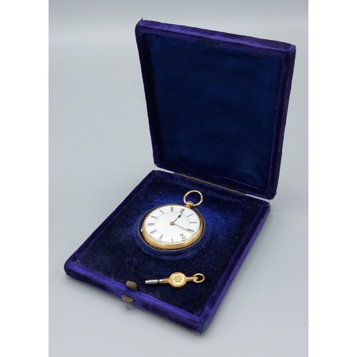 140 - An 18ct gold pocket watch, the enamel dial with Roman Numerals and with engraved case complete with ... 