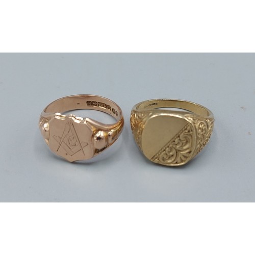 156 - A 9ct gold signet ring with Masonic engraving together with another 9ct gold signet ring, 12.7gms,