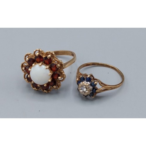 160 - A 9ct gold opal and garnet set cluster ring, 3.8gms, ring size N together with another 9ct gold diam... 