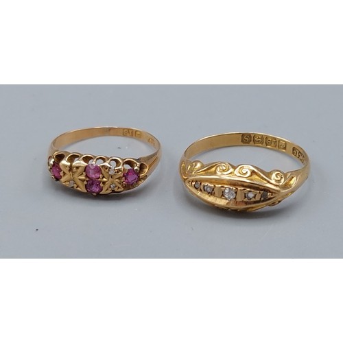 182 - An 18ct gold diamond set ring2.1gms, ring size N together with another 18ct gold ruby and diamond se... 