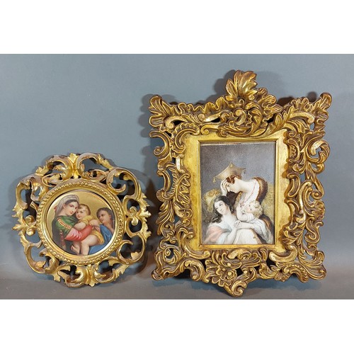 83 - A late 19th or early 20th Century miniature depicting mother with two daughters within gilded frame,... 