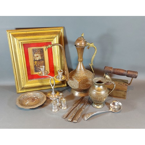 310 - A pair of hardwood brass inlaid collectors stands together with other items to include a framed icon