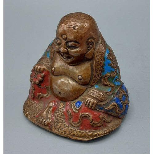 313 - A Chinese patinated bronze and enamel model in the form of Buddha, 8cms tall