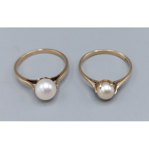 207 - A 9ct gold ring set with single pearl, together with another similar pearl set ring, 3.7gms